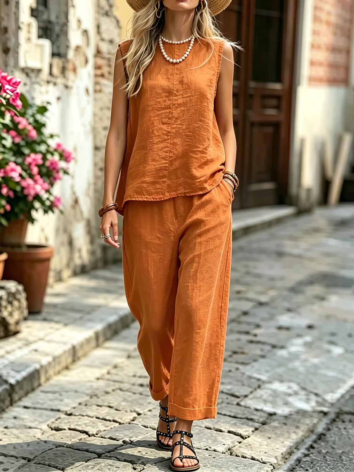 Women's Casual Sleeveless Top And Pants Set