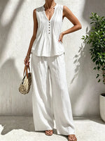 Women's Solid Pleated V-Neck Sleeveless Top & Wide Leg Pants Linen 2 Piece Set