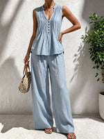 Women's Solid Pleated V-Neck Sleeveless Top & Wide Leg Pants Linen 2 Piece Set