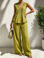 Women's Solid Pleated V-Neck Sleeveless Top & Wide Leg Pants Linen 2 Piece Set