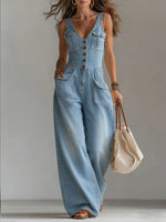 Women's Casual Denim Jumpsuit With Wide-leg Pants