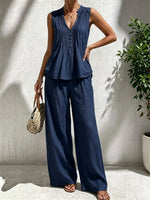 Women's Solid Pleated V-Neck Sleeveless Top & Wide Leg Pants Linen 2 Piece Set