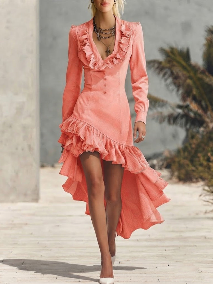 Washed Denim Long-sleeve Dress Featuring A V-neck, Ruffle Details, And An Asymmetrical Hem (shorter In Front, Longer In Back)